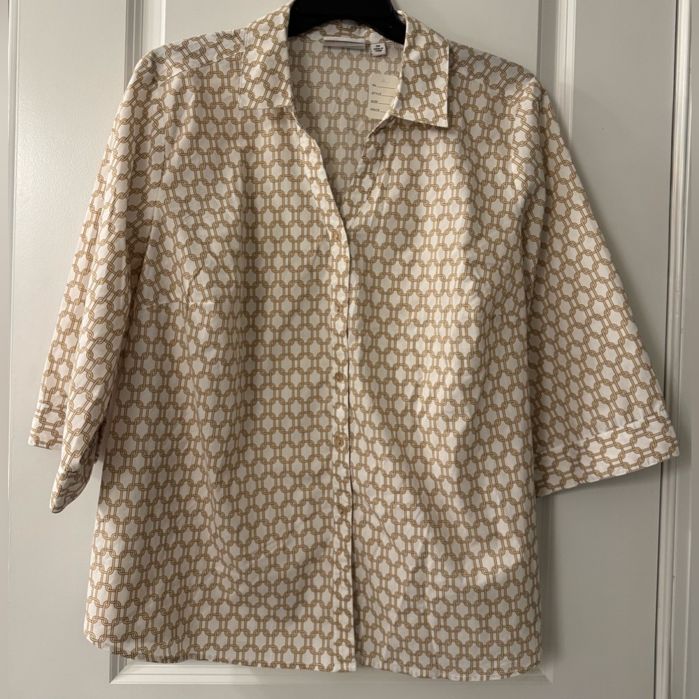 #x022 - Denim + Company White with Tan Chain Link Overall Pattern Blouse